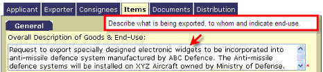 Excol Screenshot Overall Description of Goods & End-Use field