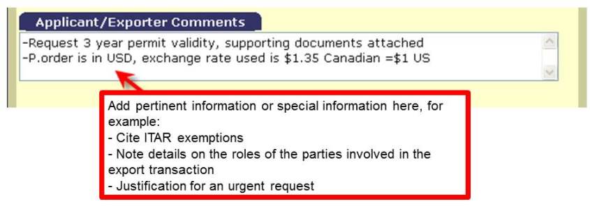 EXCOL Screenshot of Applicant/Exporter commentsfield.