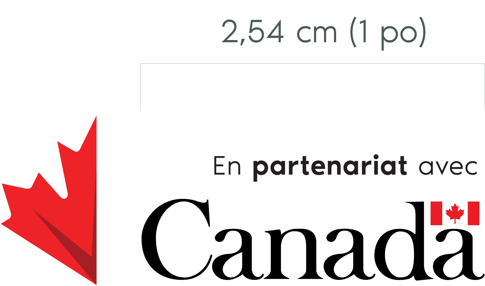 Les éléments graphiques pour les partenaires figurent au centre du graphique : la moitié d’une feuille d’érable rouge, les mots « En partenariat avec » et le mot-symbole « Canada ». Un crochet horizontal gris, au-dessus duquel est inscrit « 1” », est placé en haut du graphique et correspond à la largeur du mot-symbole « Canada ».