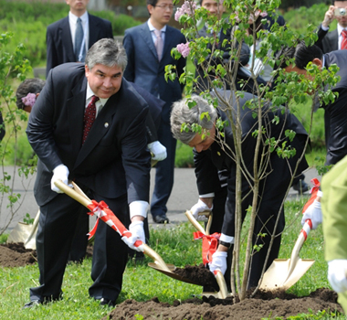 The Honourable Peter Van Loan plants a tree in Sapporo Daichi Park at the APEC meeting for ministers responsible for trade, Sapporo, Japan. 