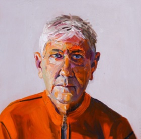 A painting of a person in an orange shirt