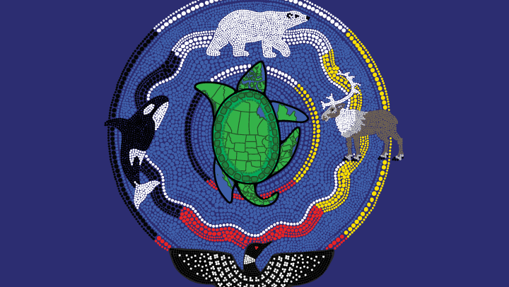 Artist depiction of a green turtle seen from above, shaped as the geographical map of North America. The art style is an agglomerations of dots which forms illustrations on a dark blue background. A circle forms around the turtle and four animals are depicted above, below, and to its left and right. Above, a polar bear is depicted over white decorative waves, while below, a loon spreads its wings over red decorative waves. To the left, an orca is depicted over black decorative waves, and to the right is depicted a caribou over yellow decorative waves.