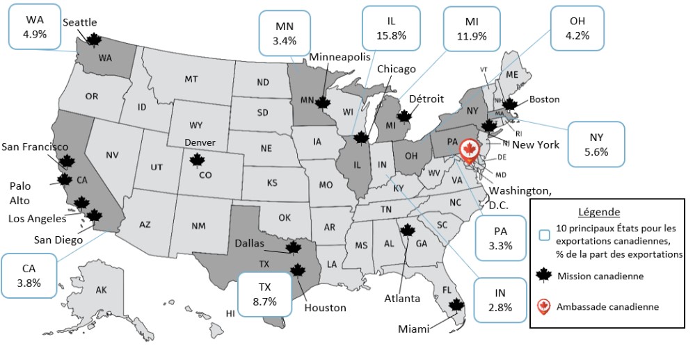 10 principales destinations aux É.-U. des exportations de marchandises canadiennes, 2023