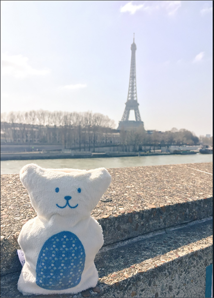 Kissy BooBoo, a therapeutic teddy bear with a mission to soothe children in pain, in Paris, France.