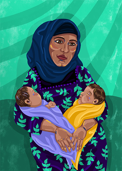 Illustration of a woman holding her twin babies in her arms