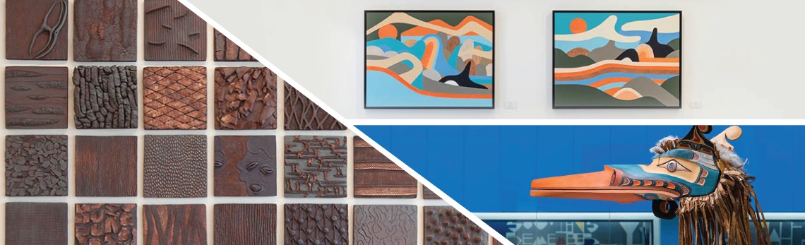 Montage de trois oeuvres de la collection: panneaux en céramique, acrylique sur toile, et sculpture.