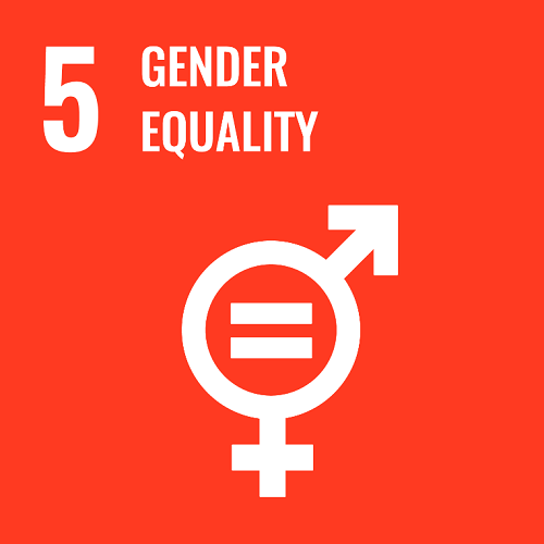 Sustainable Development Goal #5 (Gender equality) icon with men and women pictogram that also includes an equal sign in the middle, on a red background.