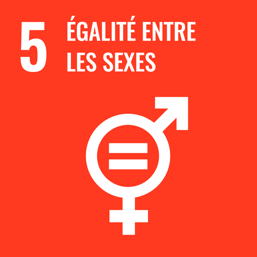 Icône de l'objectif de développement durable n°5 (égalité entre les sexes) avec un pictogramme d'hommes et de femmes comprenant également un signe d'égalité au milieu, sur un fond rouge.
