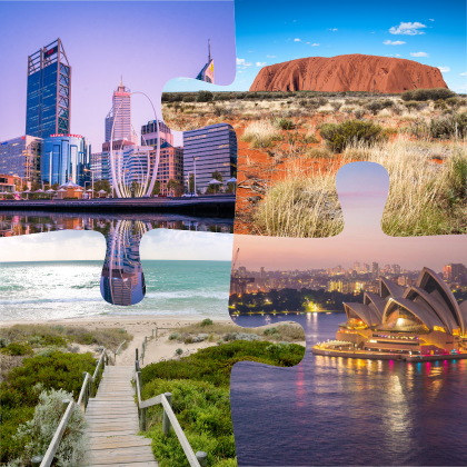 Un collage de photos illustrant la ligne d'horizon du centre-ville de Perth, l'énorme rocher rouge de l'Outback dénommé Uluru, l'Opéra de Sydney et des escaliers menant à une plage.