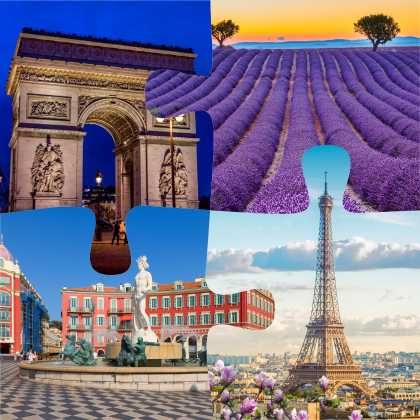 Un collage de photos illustrant l'Arc de Triomphe, un champ de lavande, la tour Eiffel et une fontaine à Nice. 