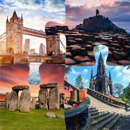 Un collage de photos illustrant le Tower Bridge à Londres, la Chaussée des Géants en Irlande du Nord, le Scott Monument à Édimbourg et Stonehenge. 