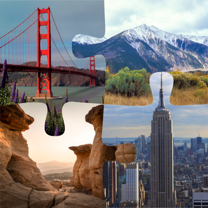 Un collage de photos illustrant le pont du Golden Gate à San Francisco, une montagne dans le Colorado, l'Empire State building à New York et des formations rocheuses dans le Colorado.