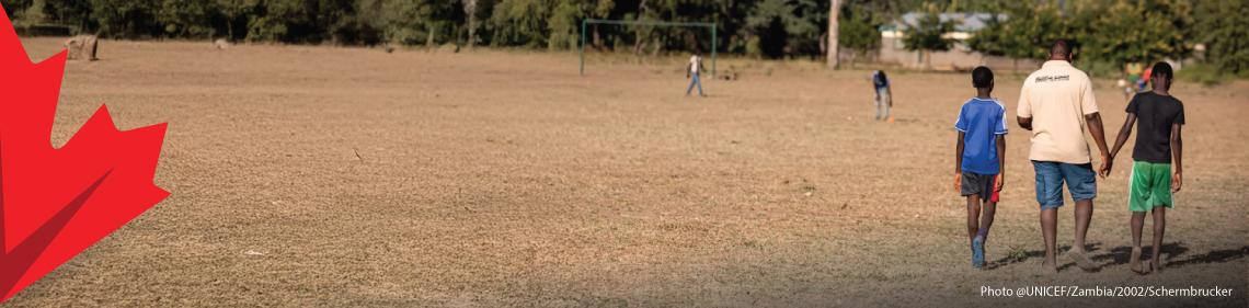 A man and 2 boys are pictured walking away from the camera and toward a soccer field.