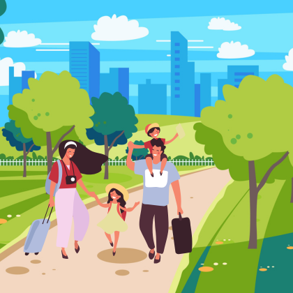 A family strolls through the park, carrying luggage, enjoying a day out together.