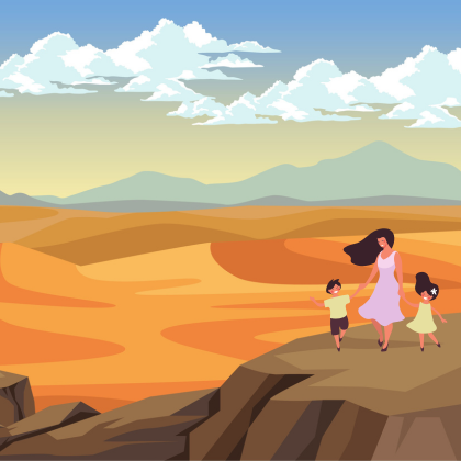 In a desert landscape, a woman and two children walk together, with the sun shining brightly overhead. 